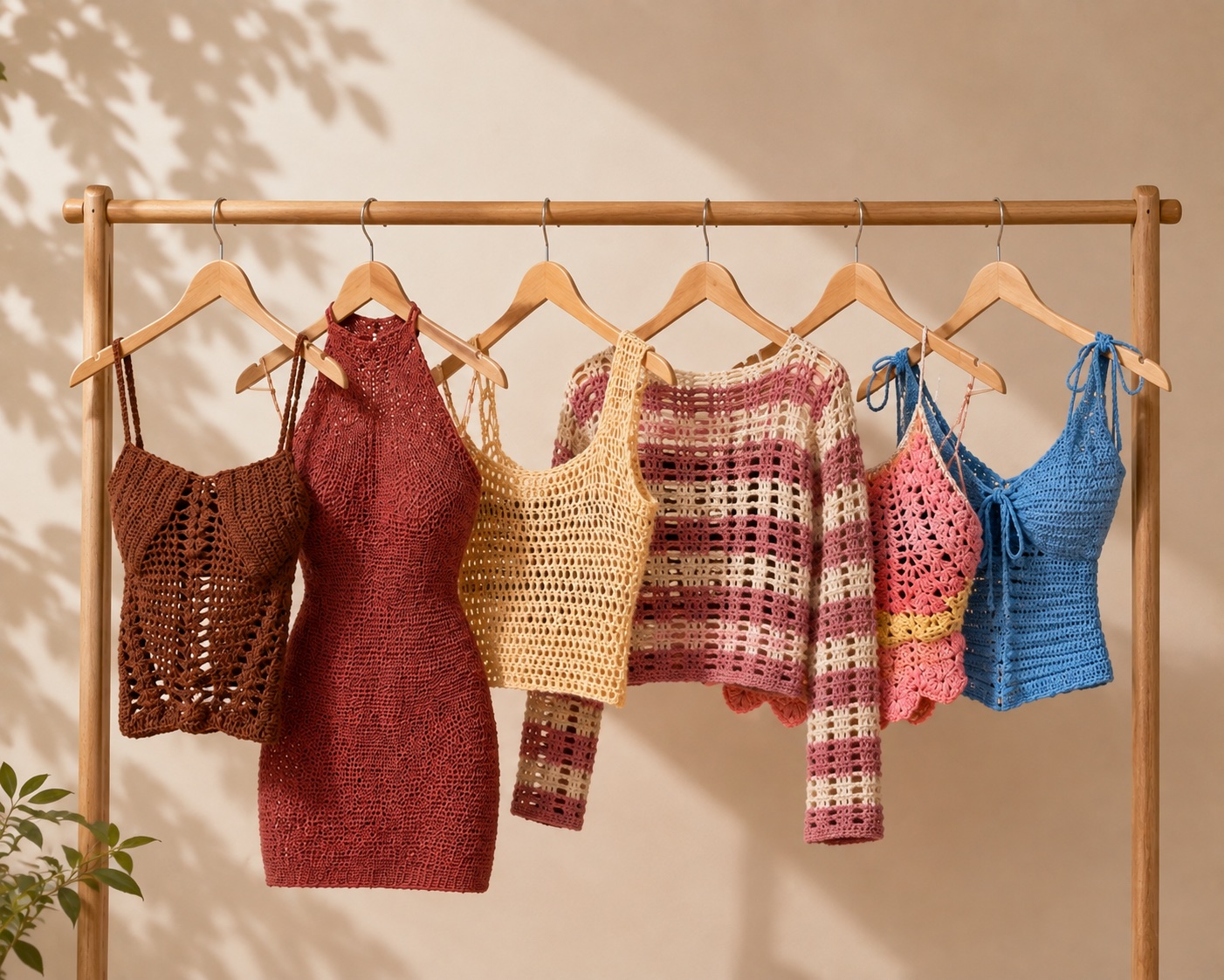 Hand-crocheted Crozele tops and dresses hanging on a rail
