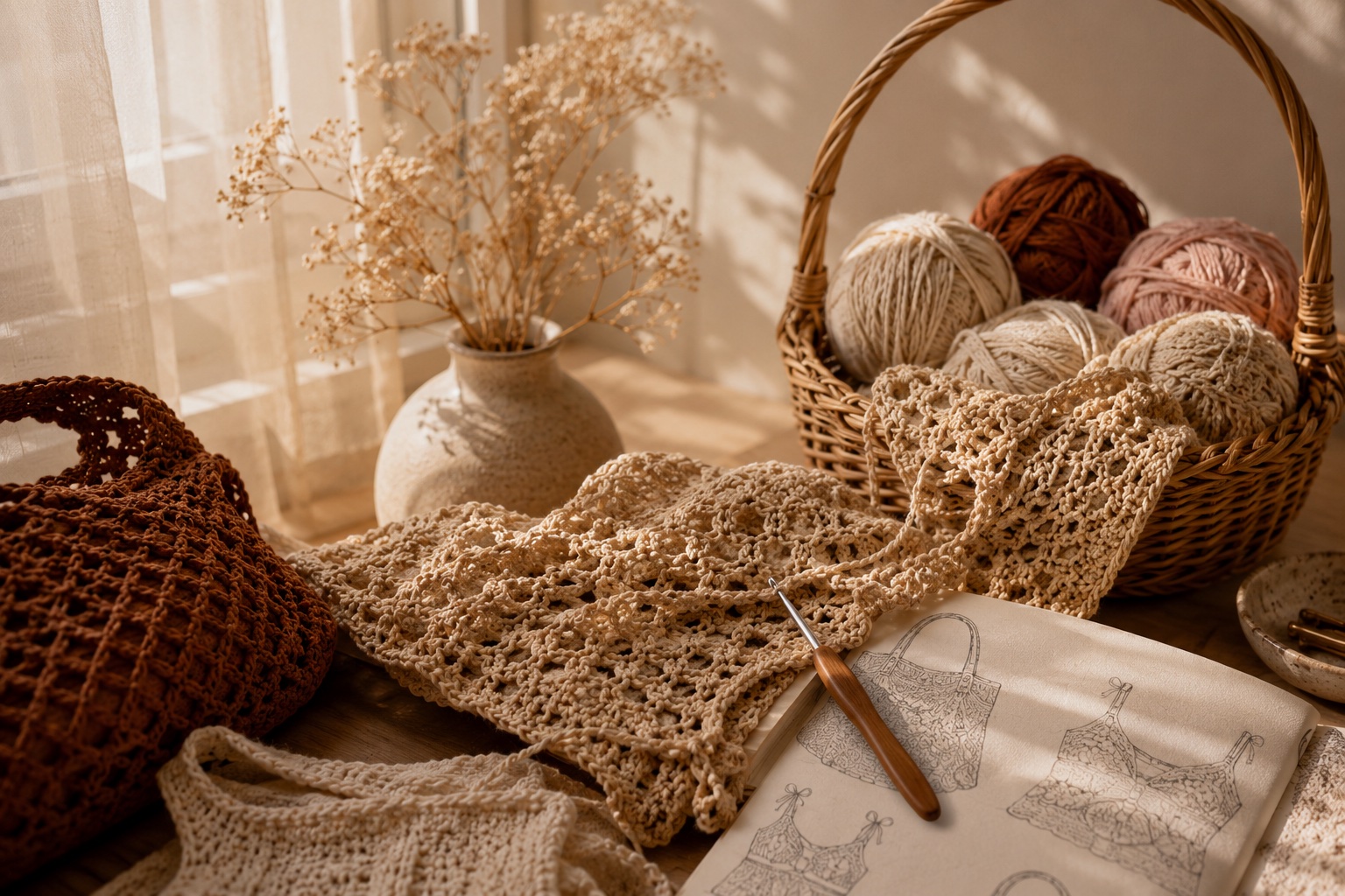 A half-finished crochet panel with the hook still in the work, beside a basket of yarn and a sketchbook
